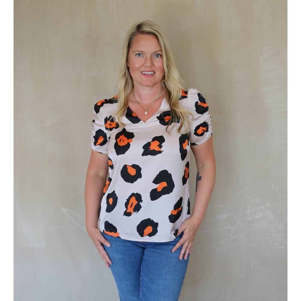 Ruched Short Sleeve Leopard Print Blouse